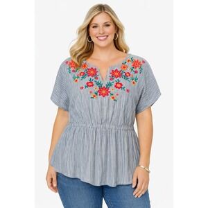 Savanna Jane Women's L Blue Stripe Embroidered Boho Peasant Blouse Cotton Linen